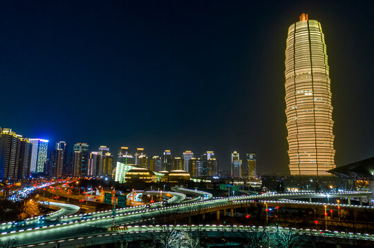 航拍郑州大玉米高楼夜晚景观灯