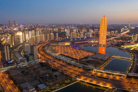 航拍郑州千玺广场大玉米楼夜景