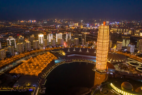 航拍郑州千玺广场大玉米楼夜景