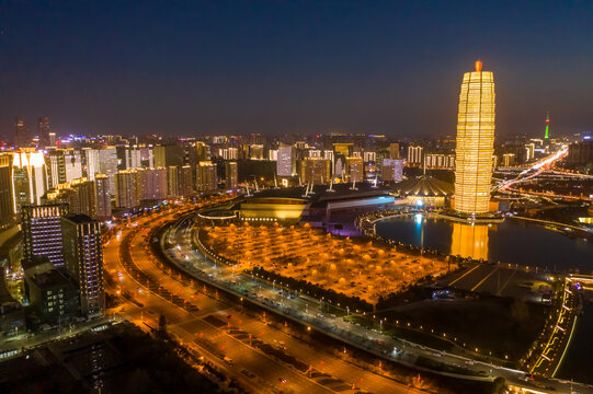 航拍郑州千玺广场大玉米楼夜景