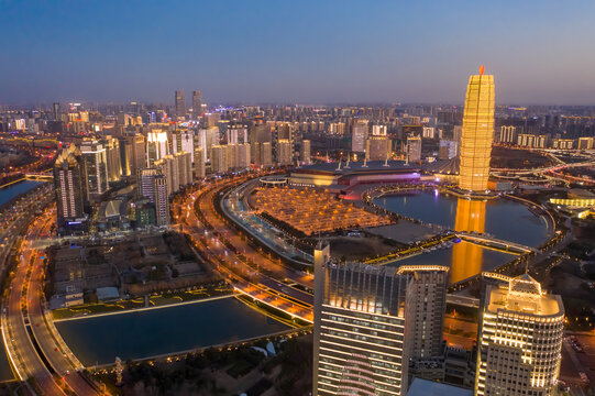 航拍郑州千玺广场大玉米楼夜景