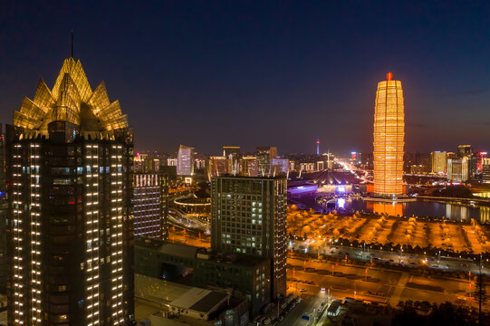 航拍郑州千玺广场大玉米楼夜景