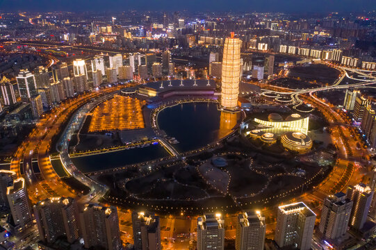 航拍郑州千玺广场大玉米楼夜景