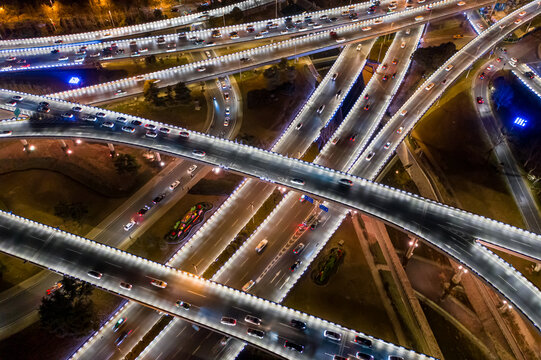 航拍郑州立交桥城市高架桥夜景