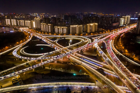 航拍郑州立交桥城市高架桥夜景