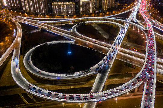 航拍郑州立交桥城市高架桥夜景