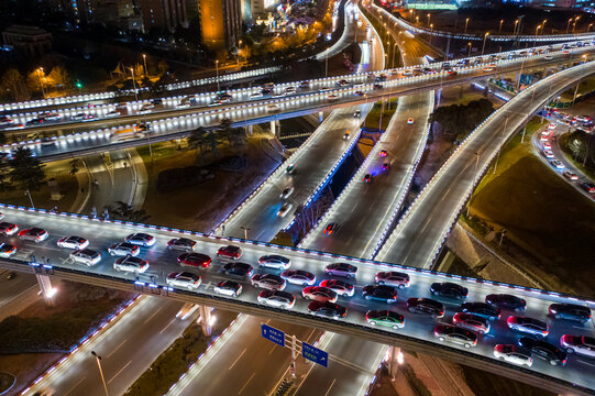 航拍郑州立交桥城市高架桥夜景