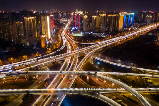 航拍郑州立交桥城市高架桥夜景