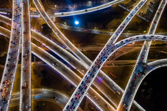 航拍郑州立交桥城市高架桥夜景