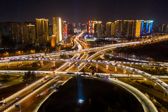 航拍郑州立交桥城市高架桥夜景