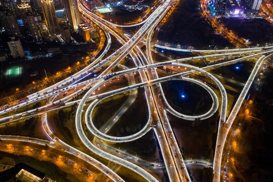 航拍郑州立交桥城市高架桥夜景