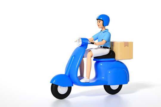 3D渲染骑摩托送货的快递小哥
