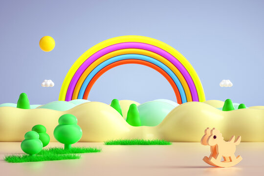3D渲染的儿童木马彩虹场景
