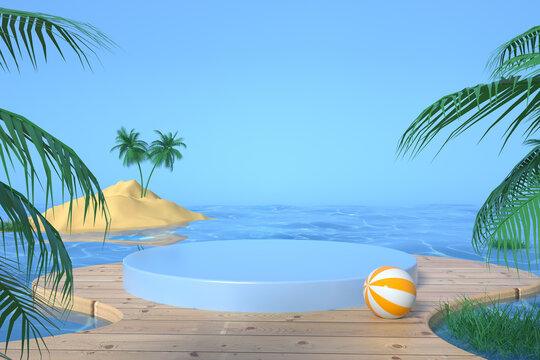 3D渲染的棕榈海滩展台背景