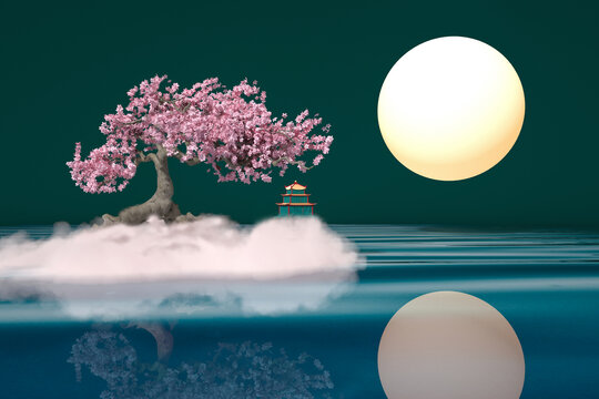 3D渲染中秋节满月仙湖背景