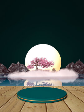 3D渲染中秋节山水展台背景