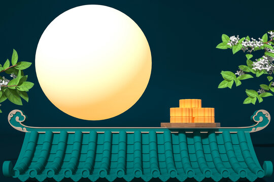3D中秋节满月屋顶夜景背景