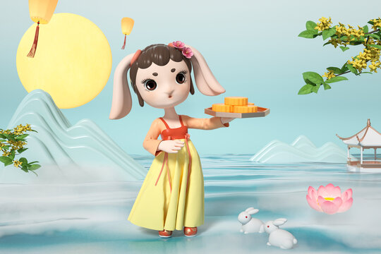 中秋节月兔端月饼3D背景