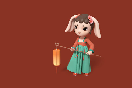 3D中秋节古装月兔打灯笼场景