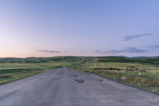 新疆夕阳下的草原道路