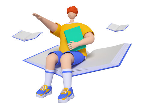 3D渲染飞翔的卡通读书男孩