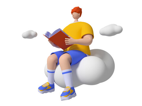 3D坐在云上的卡通读书男孩