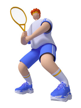 3D半蹲的打网球卡通男孩