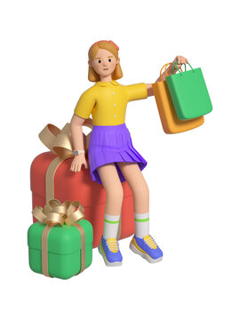 3D渲染坐在礼盒上的购物女孩