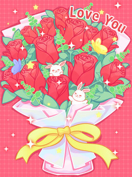 玫瑰花束鲜花插画卡通兔