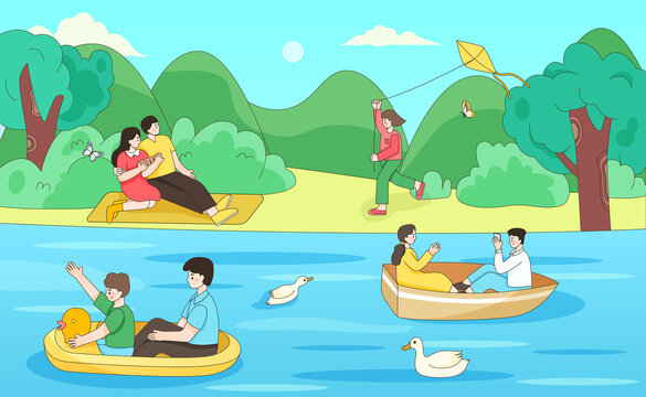 家庭出游度假游船插画