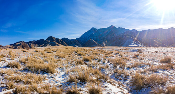 逆光冬季高山草原雪景