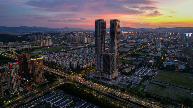 杭州滨江城市风光夜景航拍