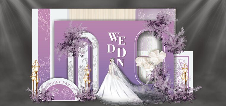 紫色小香风婚礼迎宾区