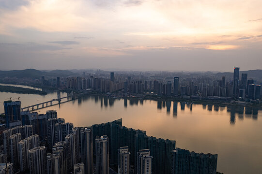 航拍长沙城市风光晚霞全景