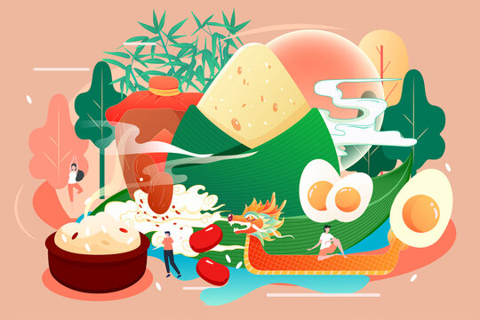 端午节包粽子传统节日龙舟插画