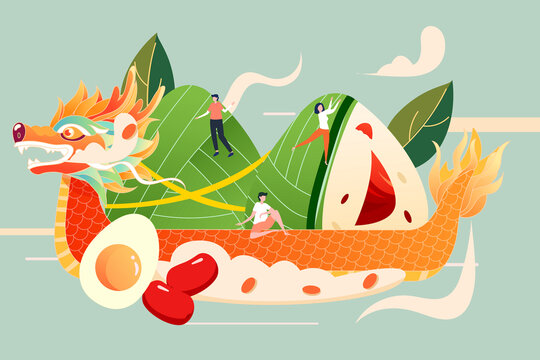端午节包粽子传统节日龙舟插画