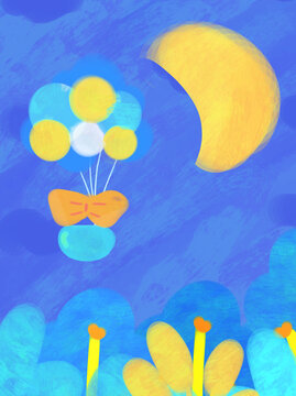 可爱卡通背景夜空气球手绘素材