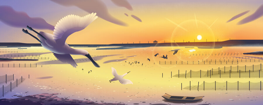 日落海岸边自由飞翔的黑面琵鹭全景插画