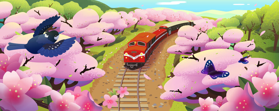 春天穿梭在樱花盛开森林里的火车全景插画