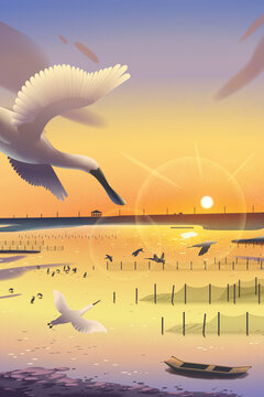 日落海岸边自由飞翔的黑面琵鹭插画