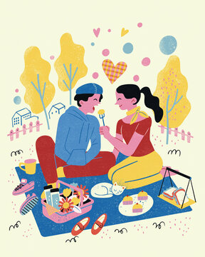 情侣日常互动插画 野餐垫上喂食男友的女孩