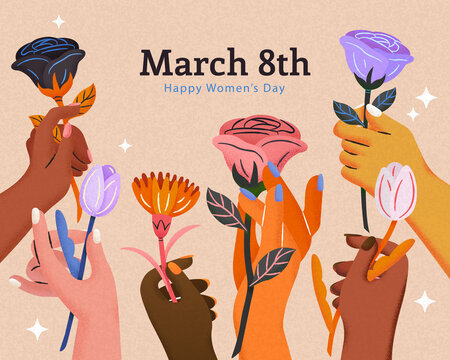 国际妇女节不同肤色手握鲜花插图