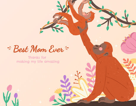 温馨母亲节插画海报 红毛猩猩妈妈照顾宝宝