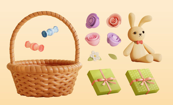 三维可爱兔子布偶与花篮礼物素材组合