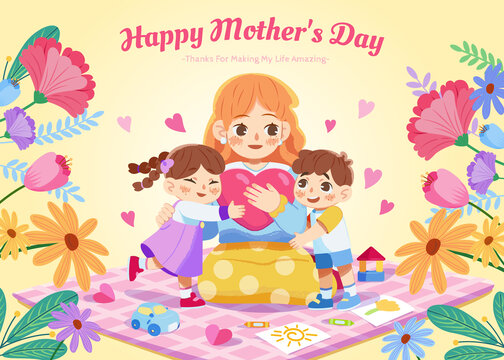 彩色温馨母亲节妈妈与小孩插画海报