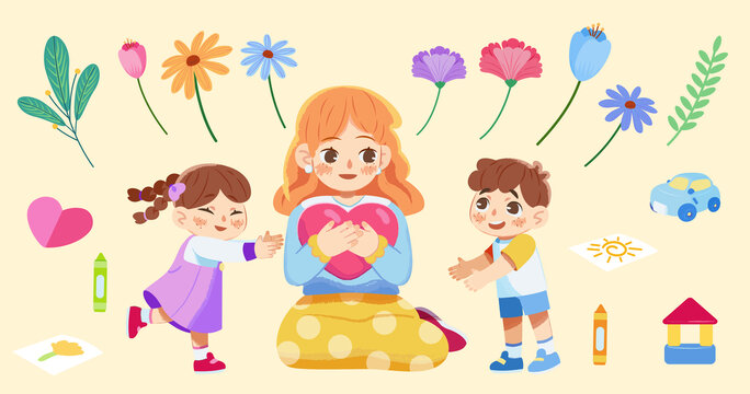 母亲节素材组合 花卉玩具蜡笔妈妈与小孩