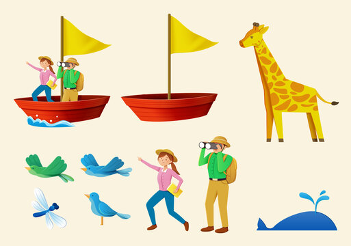 剪纸风插画素材组合 探险家船艇旗帜与动物