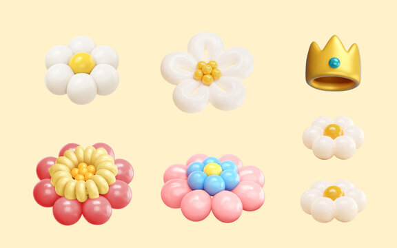三维可爱花朵与王冠造型气球 派对素材组合