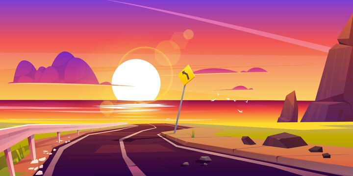 延绵的公路通往海滩 夕阳景观插图