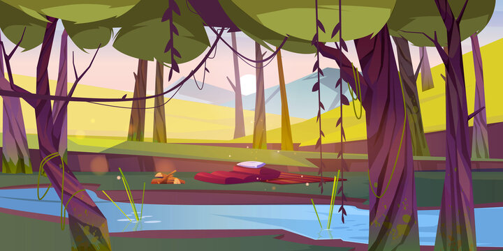 早晨有机森林 河流旁的野营器材插图